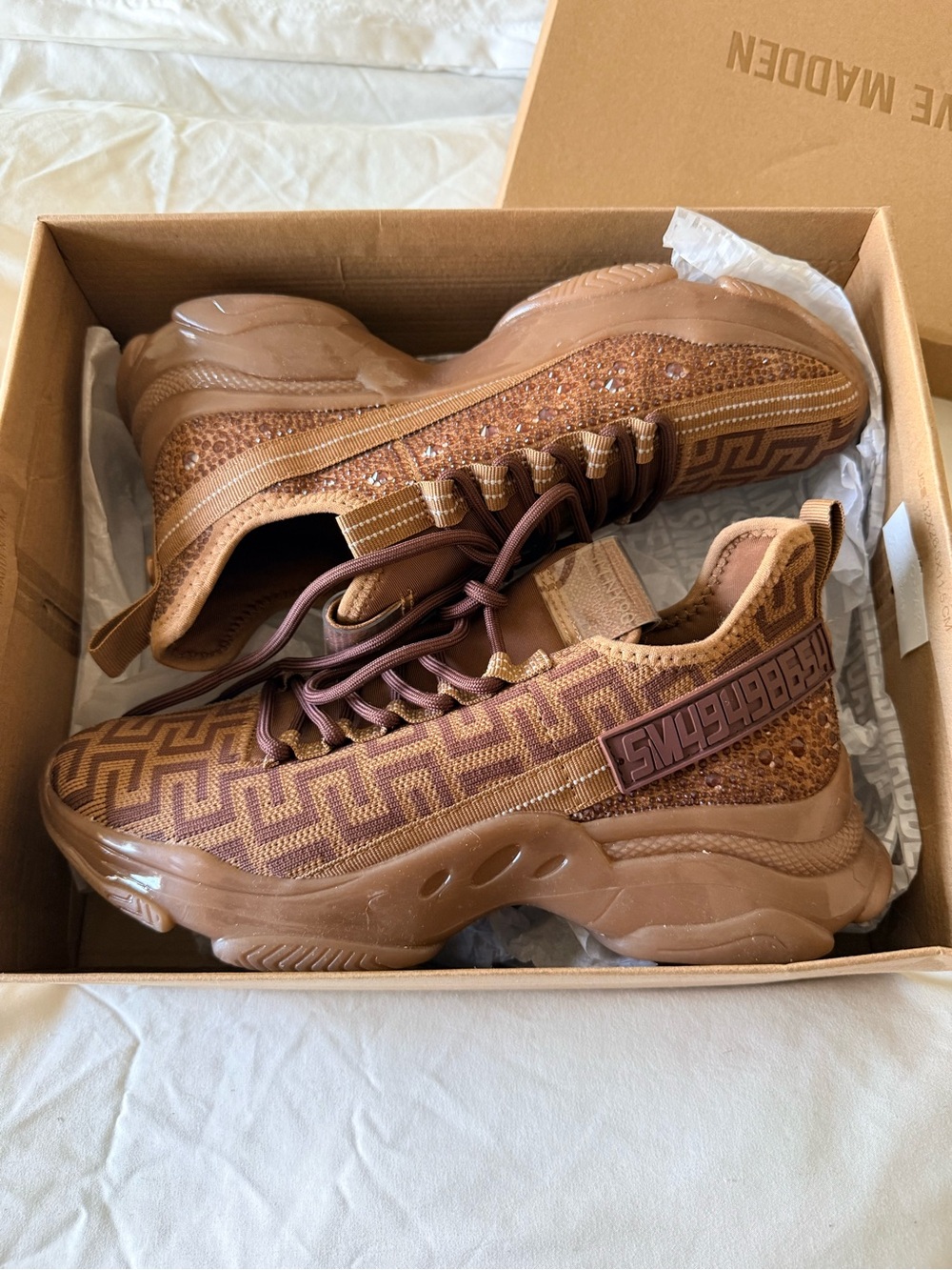 Steve Madden Maxima Chocolate Monogram Sneakers Sz 10 Rhinestone Chunky